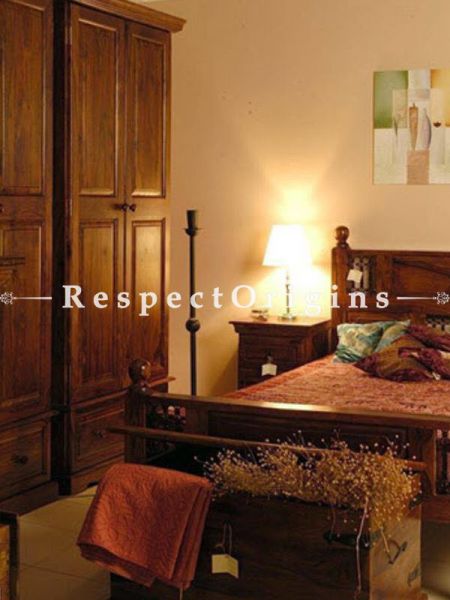 Buy Sofia Bedroom Set; Double Bed, Night Stand, Dresser with Mirror, Storage Bench in Solid Sheesham Wood At RespectOrigins.com