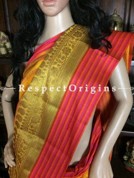 Yellow-Red Handwoven Banarasi Cotton Silk Saree; Zari Border & Butis; RespectOrigins.com
