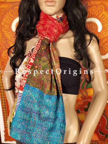 Kantha Stitch Patchwork Silk Multicoloured Stoles; Length 66 x17 width Inches; RespectOrigins.com
