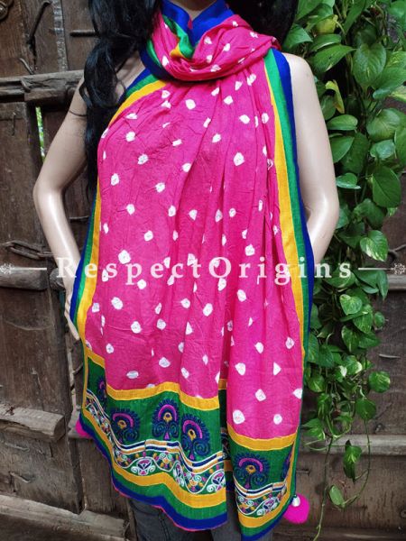 Vibrant Classy Pink Stole in Tie Dye Bandhani with Tribal Embroidered Borders;90 x32 Inches; RespectOrigins.com