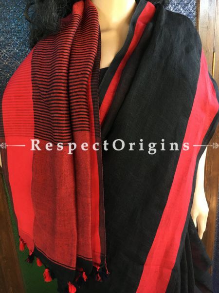 Striking Handwoven Black Linen Saree; Red Border, RespectOrigins.com
