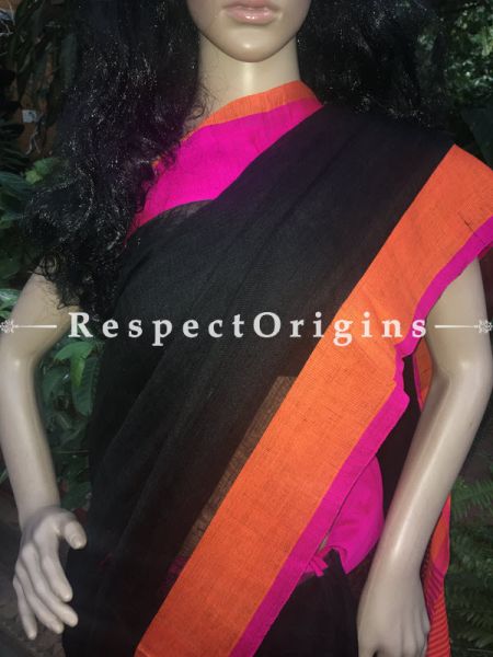 Stunning Black Linen Saree; orange and Pink Border, RespectOrigins.com
