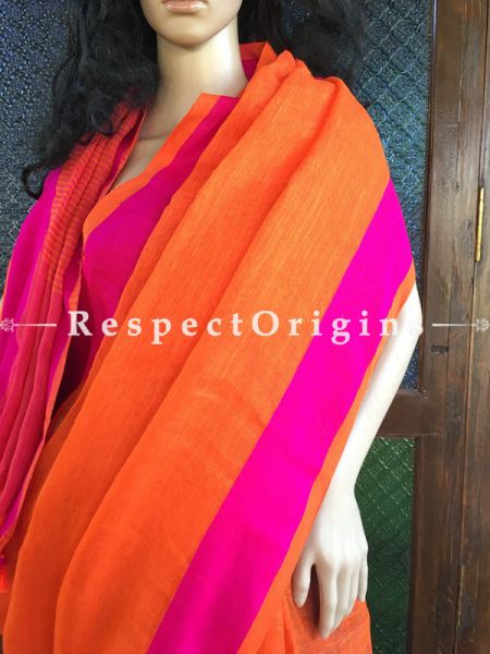 Stunning orange Linen Saree; Pink Border, RespectOrigins.com