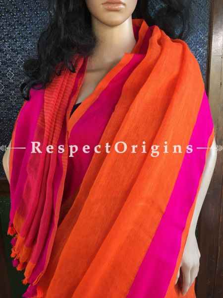Stunning orange Linen Saree; Pink Border, RespectOrigins.com