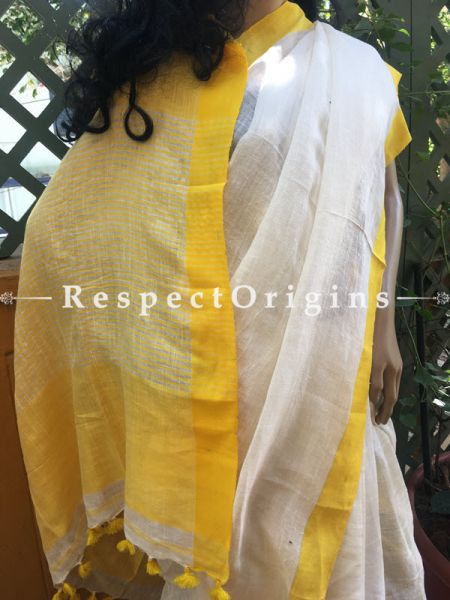 Stunning White Handwoven Linen Saree; Yellow Zari Border, RespectOrigins.com