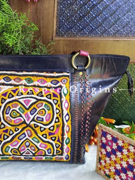 Hand Embroidery Black Leather Shoulder Bags; Hand-stitched & Embroidered Kutchi Mirror Work; RespectOrigins.com