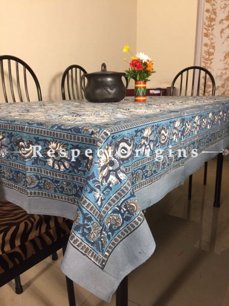 Graceful Hand Block Printed Thick Floral Design Cotton Washable Table Cover Beige N Blue On White Base; 90 x 60 Inches; RespectOrigins.com
