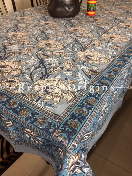 Graceful Hand Block Printed Thick Floral Design Cotton Washable Table Cover Beige N Blue On White Base; 90 x 60 Inches; RespectOrigins.com