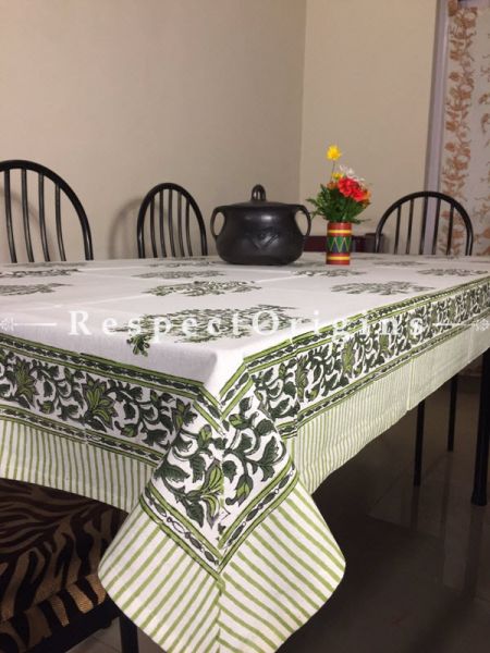 Classy Hand Block Printed Thick Country Tree Design Cotton Washable Table Cover Green On White Base; 90 x 60 Inches; RespectOrigins.com