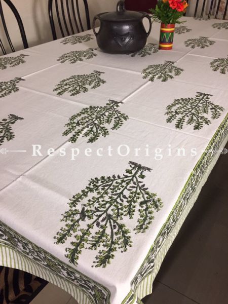Classy Hand Block Printed Thick Country Tree Design Cotton Washable Table Cover Green On White Base; 90 x 60 Inches; RespectOrigins.com