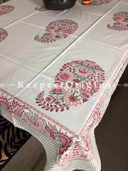 Alluring Hand Block Printed Thick Paisley Design Cotton Washable Table Cover Pink N Pale Green On White Base; 90 x 60 Inches; RespectOrigins.com
