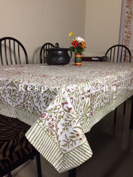 Elegant Hand Block Printed Thick Tropical Floral Design Cotton Washable Table Cover Pink N Pale Green On White Base; 90 x 60 Inches; RespectOrigins.com