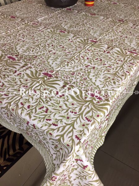 Elegant Hand Block Printed Thick Tropical Floral Design Cotton Washable Table Cover Pink N Pale Green On White Base; 90 x 60 Inches; RespectOrigins.com