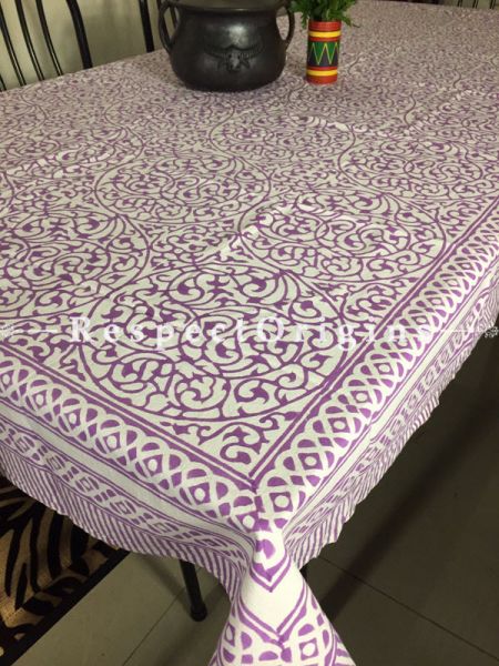 Charming Hand Block Printed Thick Country Design Cotton Washable Table Cover Violet On White Base; 90 x 60 Inches; RespectOrigins.com