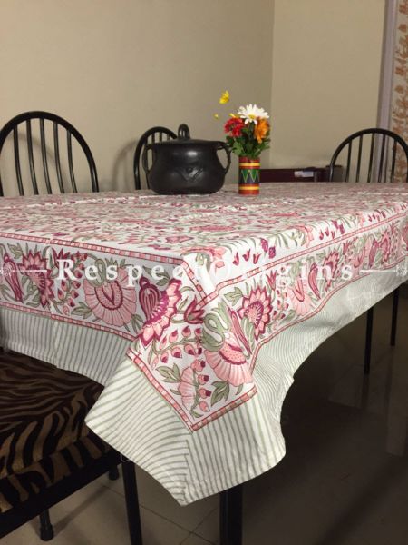 Fine Hand Block Printed Thick Floral Design Cotton Washable Table Cover Pink N Green On White Base; 90 x 60 Inches; RespectOrigins.com