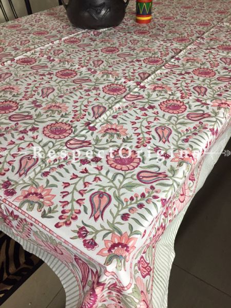 Fine Hand Block Printed Thick Floral Design Cotton Washable Table Cover Pink N Green On White Base; 90 x 60 Inches; RespectOrigins.com