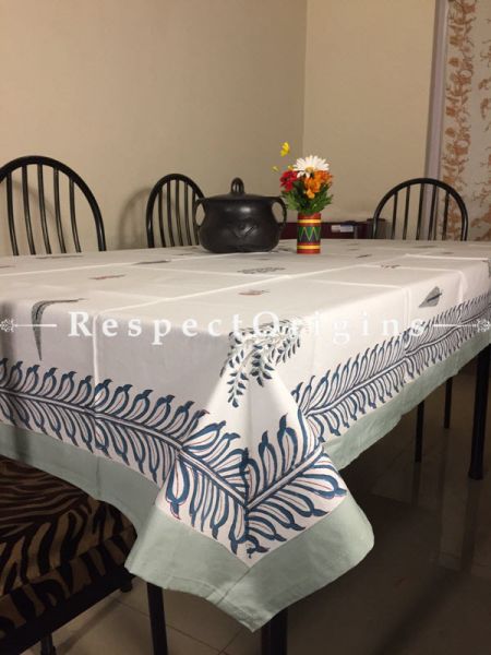 Refined White Base Hand Block Printed Thick Water Lily Design Cotton Washable Table Cover; 90 x 60 Inches; RespectOrigins.com