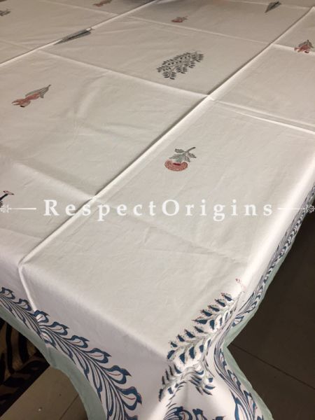 Refined White Base Hand Block Printed Thick Water Lily Design Cotton Washable Table Cover; 90 x 60 Inches; RespectOrigins.com