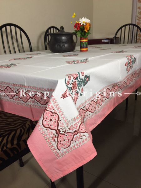 Magnificent Hand Block Printed Thick Country Floral Design Cotton Washable Table Cover Pink N Green On White Base; 90 x 60 Inches; RespectOrigins.com