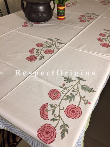 Gorgeous Hand Block Printed Thick Water Lily Design Cotton Washable Table Cover Pink N Green On White Base; 90 x 60 Inches; RespectOrigins.com