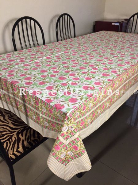 Fabulous Hand Block Printed Thick Floral Design Cotton Washable Table Cover Pink N Green On White Base; 90 x 60 Inches; RespectOrigins.com