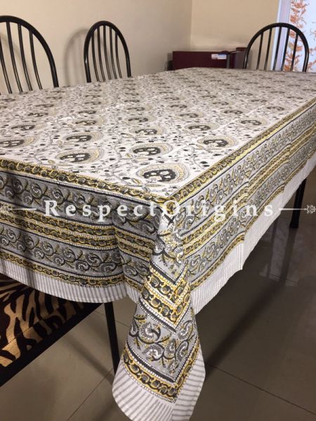 Breathtaking Hand Block Printed Thick Floral Design Cotton Washable Table Black, Pale Yellow N Grey On White Base; 90 x 60 Inches; RespectOrigins.com