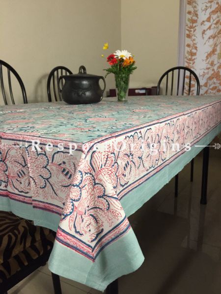 Amazing Hand Block Printed Thick Floral Design Cotton Washable Table Cover Pink N Greyish Blue On White Base; 90 x 60 Inches; RespectOrigins.com