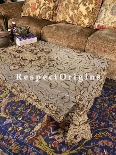 Elegant Table Cover on Beige Net with Beadwork, 80x40 in; RespectOrigins.com
