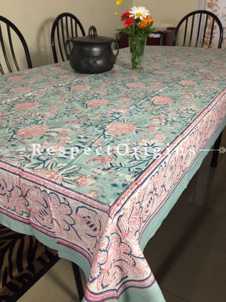 Amazing Hand Block Printed Thick Floral Design Cotton Washable Table Cover Pink N Greyish Blue On White Base; 90 x 60 Inches; RespectOrigins.com