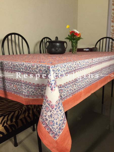 Attractive Hand Block Printed Thick Floral Design Cotton Washable Table Cover Orange N Blue On White Base; 90 x 60 Inches; RespectOrigins.com