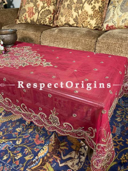 Lovely Table Cover on Red Net with Beadwork, 80x40 in; RespectOrigins.com