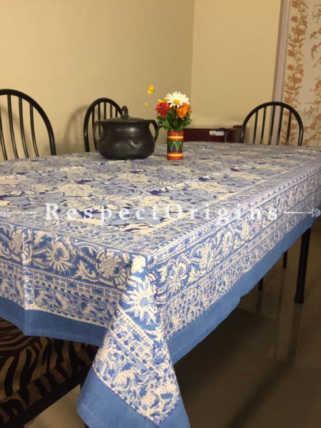 Pretty Hand Block Printed Thick Floral Design Cotton Washable Table Cover Blue N Pale Yellow On White Base; 90 x 60 Inches; RespectOrigins.com