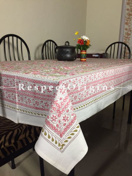 Lovely Hand Block Printed Thick Floral Design Cotton Washable Table Cover Pink N Green On White Base; 90 x 60 Inches; RespectOrigins.com