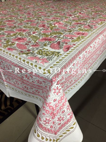 Lovely Hand Block Printed Thick Floral Design Cotton Washable Table Cover Pink N Green On White Base; 90 x 60 Inches; RespectOrigins.com
