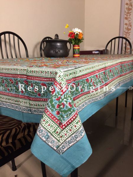 Phenomenal Hand Block Printed Thick Floral Design Cotton Washable Table Cover Orange N Blue On White Base; 90 x 60 Inches; RespectOrigins.com