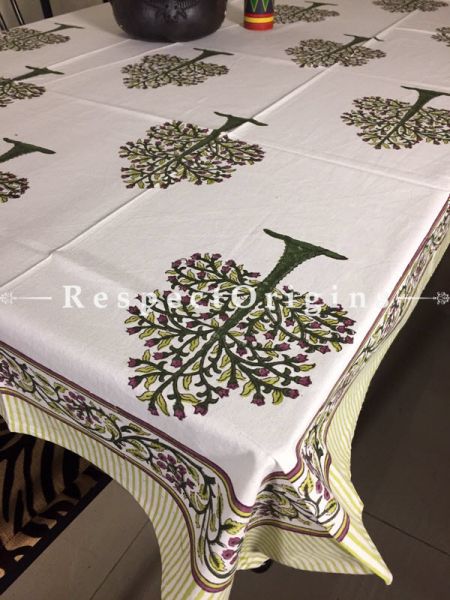 Stunning White Base Hand Block Printed Thick Palm Tree Design Cotton Washable Table Cover; 90 x 60 Inches; RespectOrigins.com