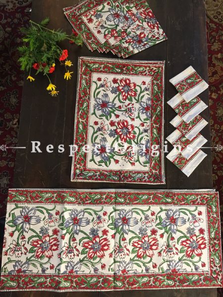Luxurious Floral Design Cotton Washable Hand Block Printed Table Mat Set With Runner Coasters & Napkin Set Green Red N Blue On White Base; Mat 18x12 Inches; Runner; 60x12 Inches ; Napkins 15x15 Inches ; Coaster 4x4 Inches; RespectOrigins.com