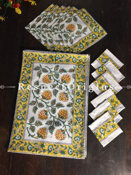 Grand Hand Block Printed Thick Floral Design Cotton Washable Block Printed Table Mat Set With Napkins Yellow Green N Orange On White Base; Mat 18x12 Inches ; Runner 60x12 Inches ; Napkins 15x15 Inches; Coaster 4x4 Inches; RespectOrigins.com