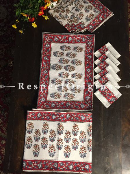 Superb Hand Block Printed Thick Floral Design Cotton Washable Block Printed Table Mat Set With Napkins Red N Blue On White Base; Mat 18x12 Inches ; Runner 60x12 Inches ; Napkins 15x15 Inches; Coaster 4x4 Inches; RespectOrigins.com