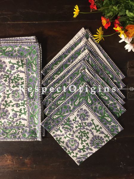 Refined Hand Block Printed Thick Floral Design Cotton Washable Block Printed Table Mat Set With Napkins Green & Purple On White Base; Mat 18x12 Inches ; Napkins 15x15 Inches ; RespectOrigins.com