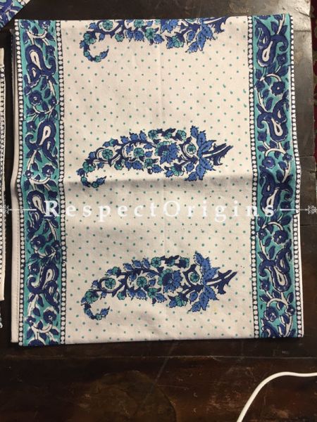 Ornamental Hand Block Printed Thick Floral Paisely Design Cotton Washable Block Printed Table Mat Set With Napkins Blue On White Base; Mat 18x12 Inches ; Runner 60x12 Inches ; Napkins 15x15 Inches; Coaster 4x4 Inches; RespectOrigins.com