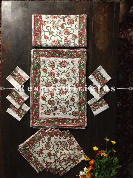 Fine Hand Block Printed Thick Floral Design Cotton Washable Block Printed Table Mat Set With Napkins Green & Red On White Base; Mat 18x12 Inches ; Runner 60x12 Inches ; Napkins 15x15 Inches; Coaster 4x4 Inches; RespectOrigins.com