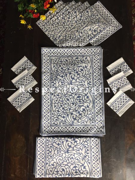 Graceful Hand Block Printed Thick Country Motifs Design Cotton Washable Block Printed Table Mat Set With Napkins Blue On White Base; Mat 18x12 Inches ; Runner 60x12 Inches ; Napkins 15x15 Inches; Coaster 4x4 Inches; RespectOrigins.com
