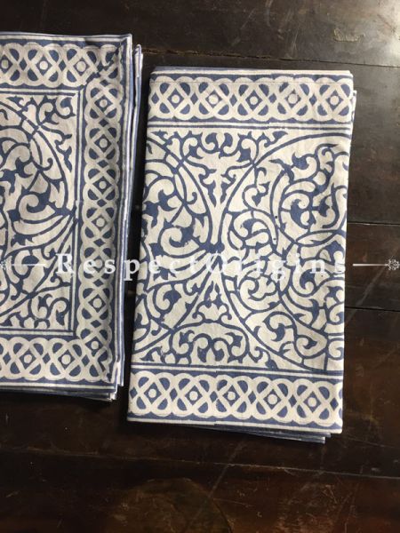 Graceful Hand Block Printed Thick Country Motifs Design Cotton Washable Block Printed Table Mat Set With Napkins Blue On White Base; Mat 18x12 Inches ; Runner 60x12 Inches ; Napkins 15x15 Inches; Coaster 4x4 Inches; RespectOrigins.com
