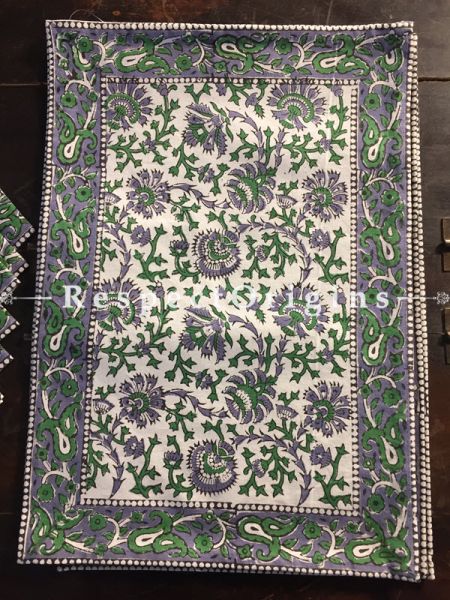 Royal Floral Design Cotton Washable Hand Block Printed Table Mat Set With Napkins Purple & Green On White Base; Mat 18x12 Inches ; Napkins 15x15 Inches ; RespectOrigins.com