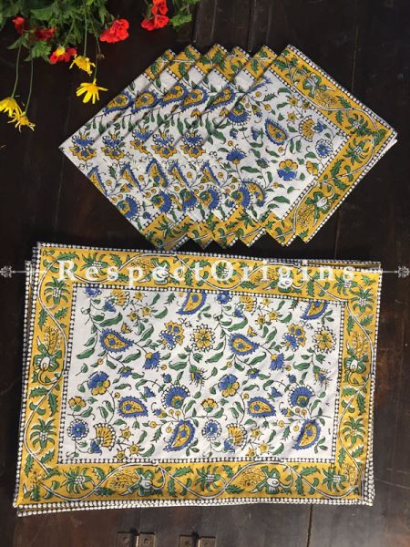 Opulent Floral Design Cotton Washable Hand Block Printed Table Mat Set With Napkins Yellow & Blue On White Base; Mat 18x12 Inches ; Napkins 15x15 Inches; RespectOrigins.com
