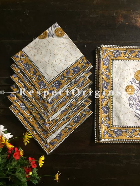 Classy Hand Block Printed Thick Two Flower Design Cotton Washable Block Printed Table Mat Set With Napkins Mustard N Blue On White Base; Mat 18x12 Inches ; Napkins 15x15 Inches ; RespectOrigins.com