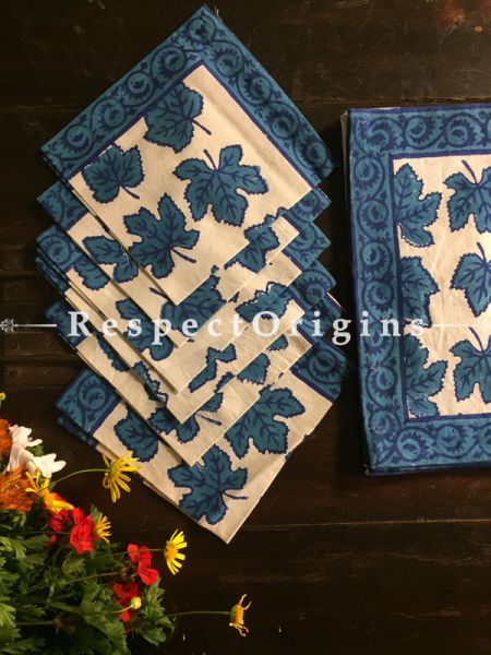 Captivating Hand Block Printed Thick Floral Design Cotton Washable Block Printed Table Mat Set With Napkins Blue On White Base; Mat 18x12 Inches ; Napkins 15x15 Inches ; RespectOrigins.com