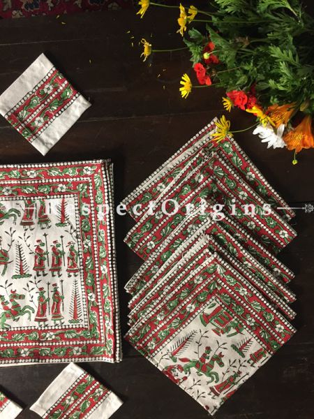 Resplendent Hand Block Printed Thick Royal Procession Design Cotton Washable Block Printed Table Mat Set With Napkins Red N Green On White Base; Mat 18x12 Inches ; Runner 60x12 Inches ; Napkins 15x15 Inches; Coaster 4x4 Inches; RespectOrigins.com