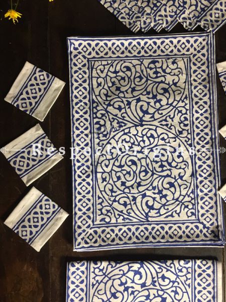 Blue On White Base; Hand Block Printed Thick Country Motifs Design Cotton Washable Block Printed Table Mat Set With Napkins; Mat 18x12 Inches ; Runner 60x12 Inches ; Napkins 15x15 Inches; Coaster 4x4 Inches; RespectOrigins.com